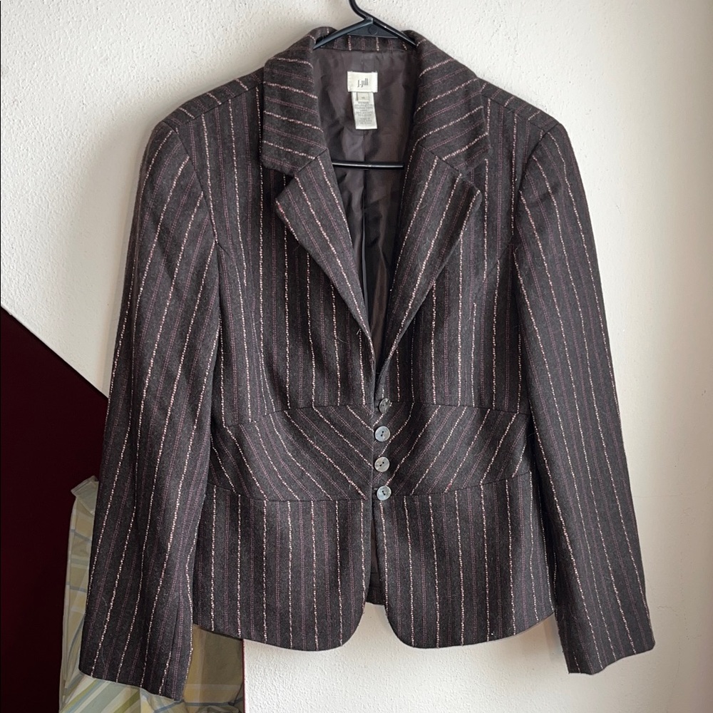 J. Jill Chocolate Brown‎ and Pink Striped Wool Blend Blazer 12